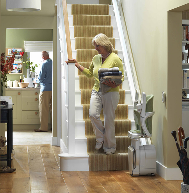 stair chair lift folded on stairs